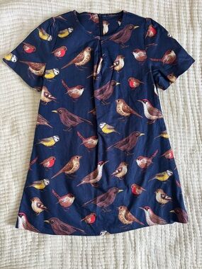 Handmade Navy Kids Short-Sleeve Bird Print Dress